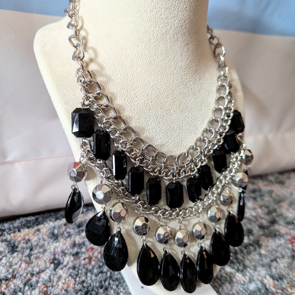 Vintage Black Silver Tone Chacha Bib Statement Necklace Whimsigoth Dark Acadamia - Picture 4 of 7